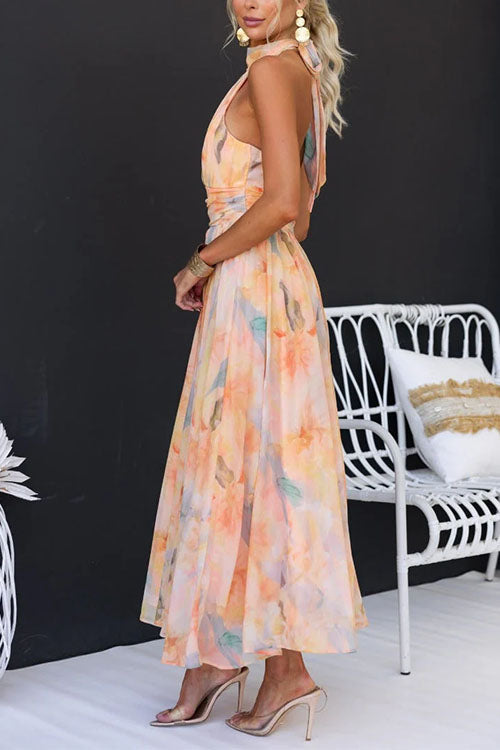 Watercolor Maxi Dress – Halter Neck & Open Back for Summer