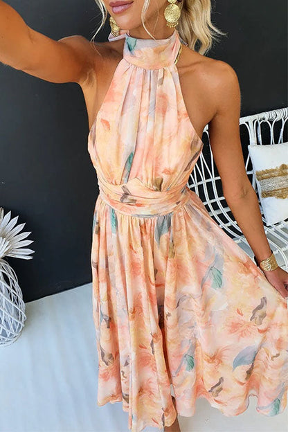 Watercolor Maxi Dress – Halter Neck & Open Back for Summer